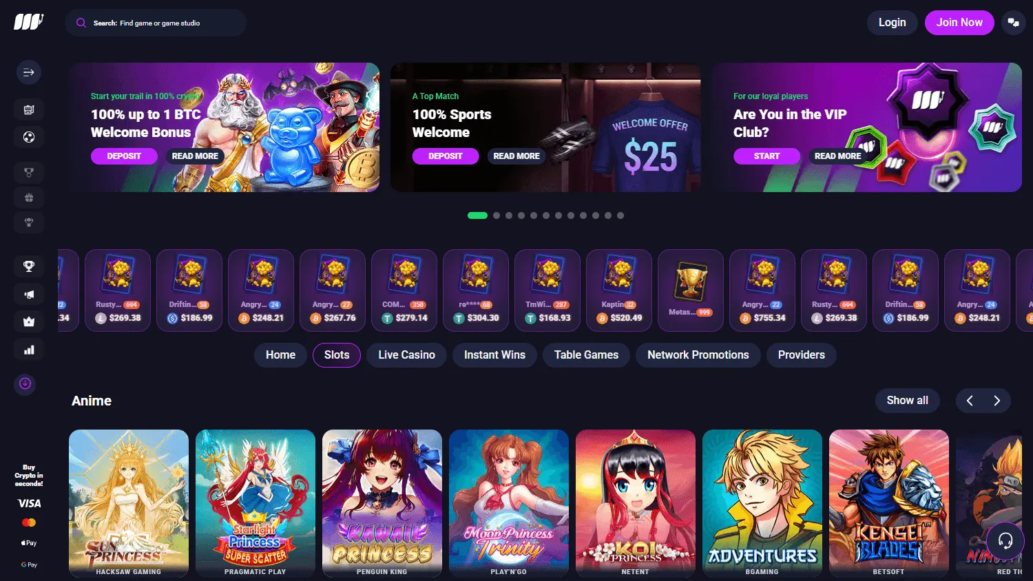 Metaspins Casino game selection on desktop